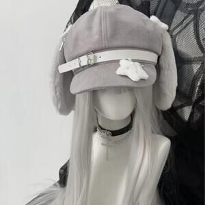 Kawaii Gray Bunny Ear Hat with White Buckle Strap & Plush Accents